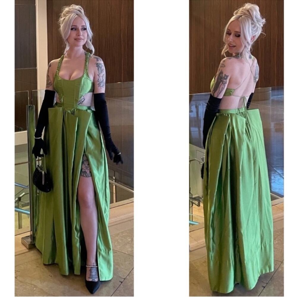 FOR LOVE & LEMONS Virginia Pleated Cutout Satin Green Maxi Dress Sz XS - Picture 5 of 14